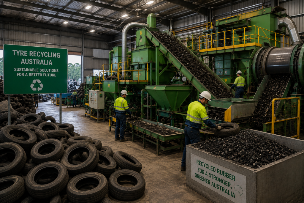 Industrial tyre recycling facility processing used tyres in Australia