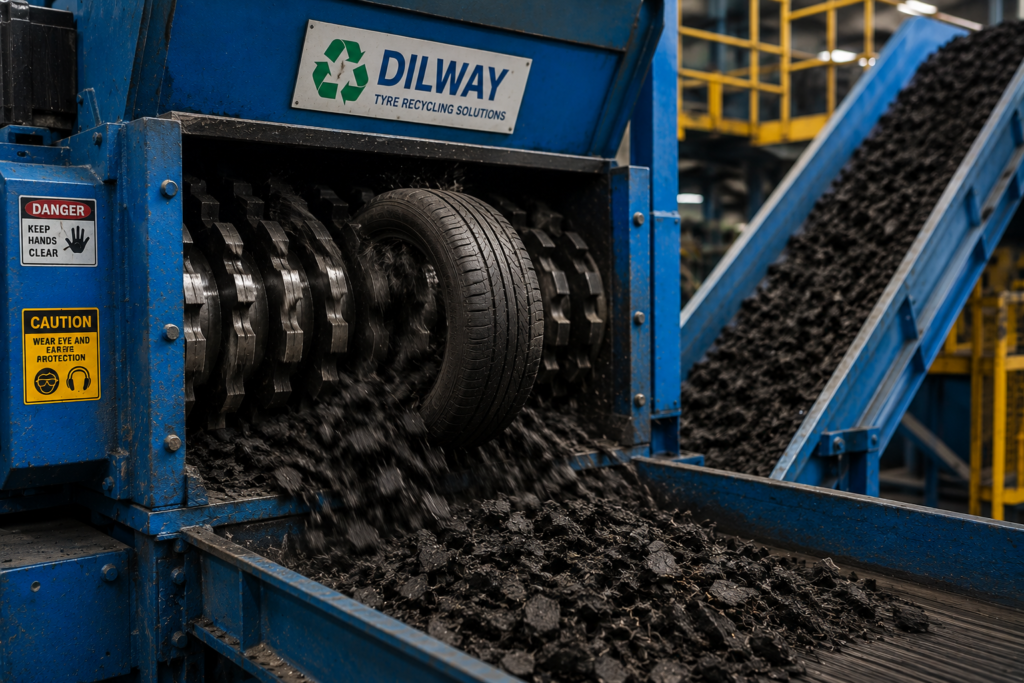 Tyre shredding and recycled rubber processing for road construction